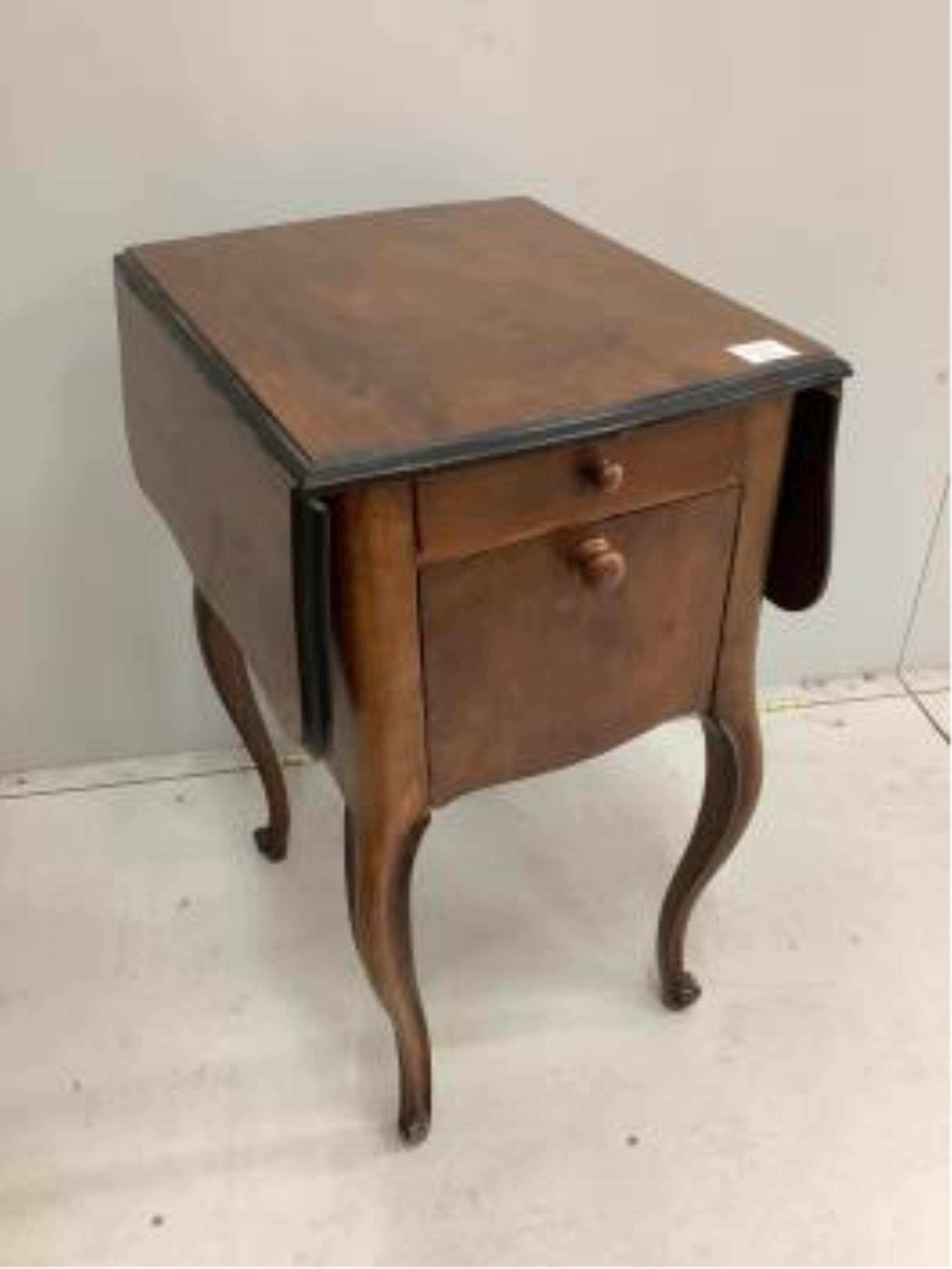 A George III mahogany tray top commode, height 76cm. width 50cm, and a French walnut bedside table, height 73cm. width 42cm. Condition - fair to good